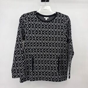 J Jill Black White Diamond Pattern Long Sleeve Cotton‎ Knit Sweater Women Size M